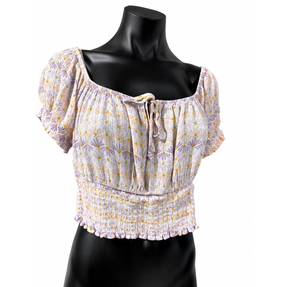Pink Rose Floral Crop Womens Medium Smocked Puff Sleeve Coquette Cottagecore Y2K